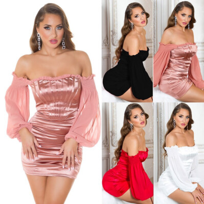 Koucla Off-Shoulder Damen Kleid Party Satin Look Corsage Minikleid Milax-Fashion