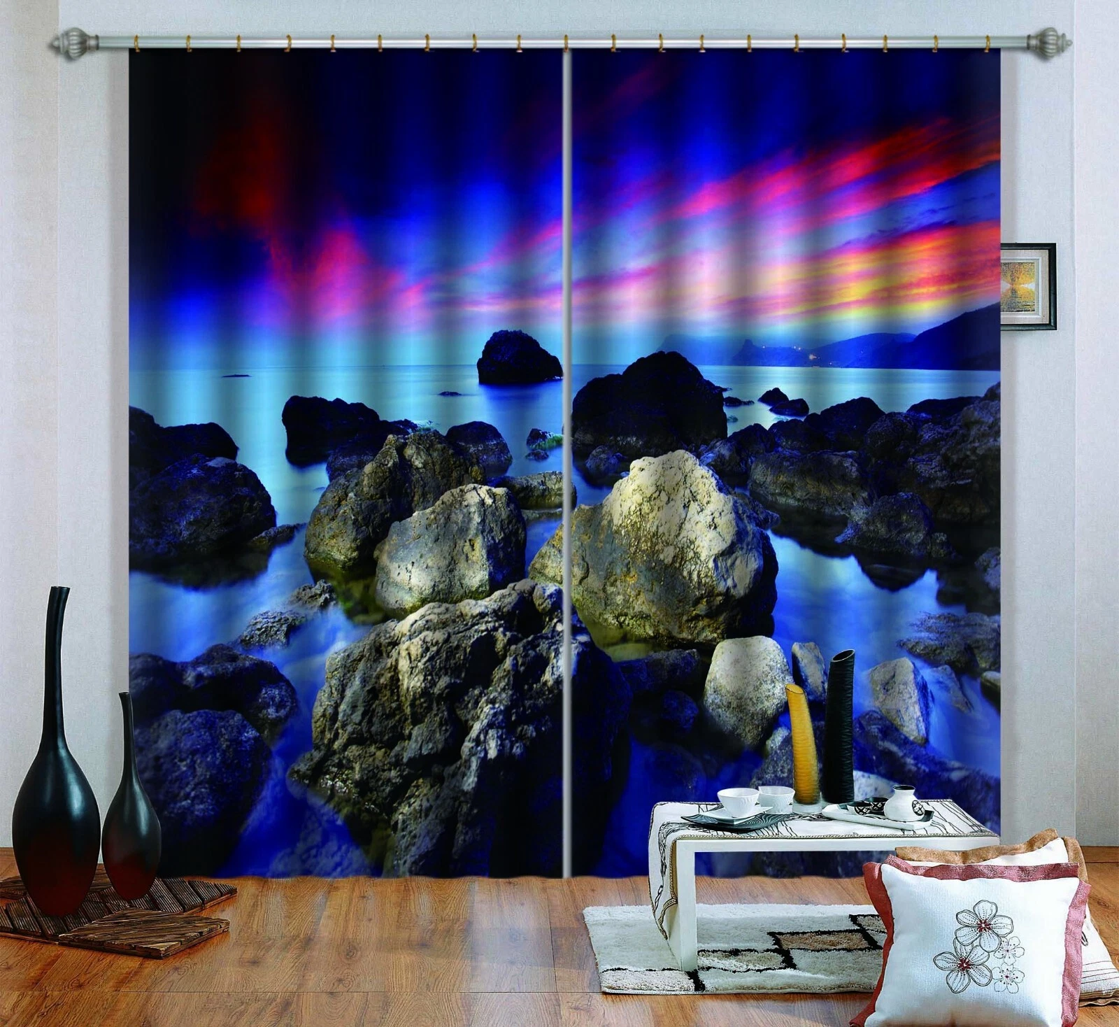 3D Sunset Sea Stones ZHUB728 Photo Curtain Window Blockout Fabric Amy 2023