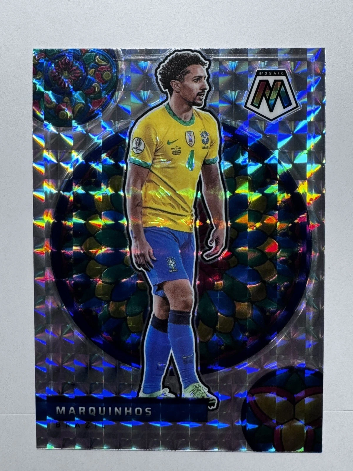 2021-22 Panini Mosaic World Cup Marquinhos Stained Glass SSP Brazil PSG