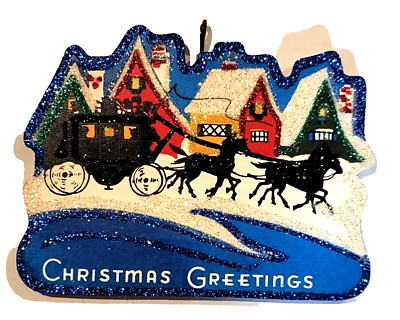 ART DECO ROW of HOUSES, COACH & HORSES  * Glittered CHRISTMAS ORNAMENT * Vtg Img