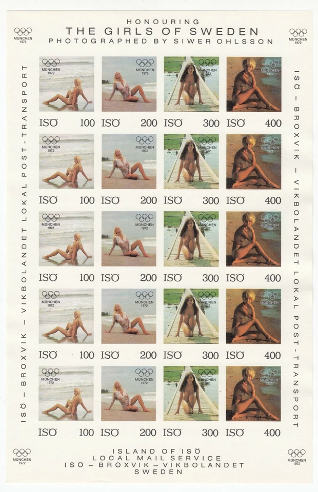 Hoja postal local de Iso Island, chicas de Suecia, desnudas, perf/imperf, olímpica 1972 Foto 2 de 4
