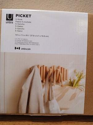 Picket 5 Hooks, Wall-Mounted Rail, Doubles as Art, Beveled Pine Wood Dowels, Nat