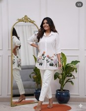 Women s White Floral Embroidered Kurta Set Tunic Top Pants Casual S TO 3XL