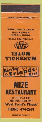 Matchbook Cover - Mize Restaurant Marshall Hotel West Point MS