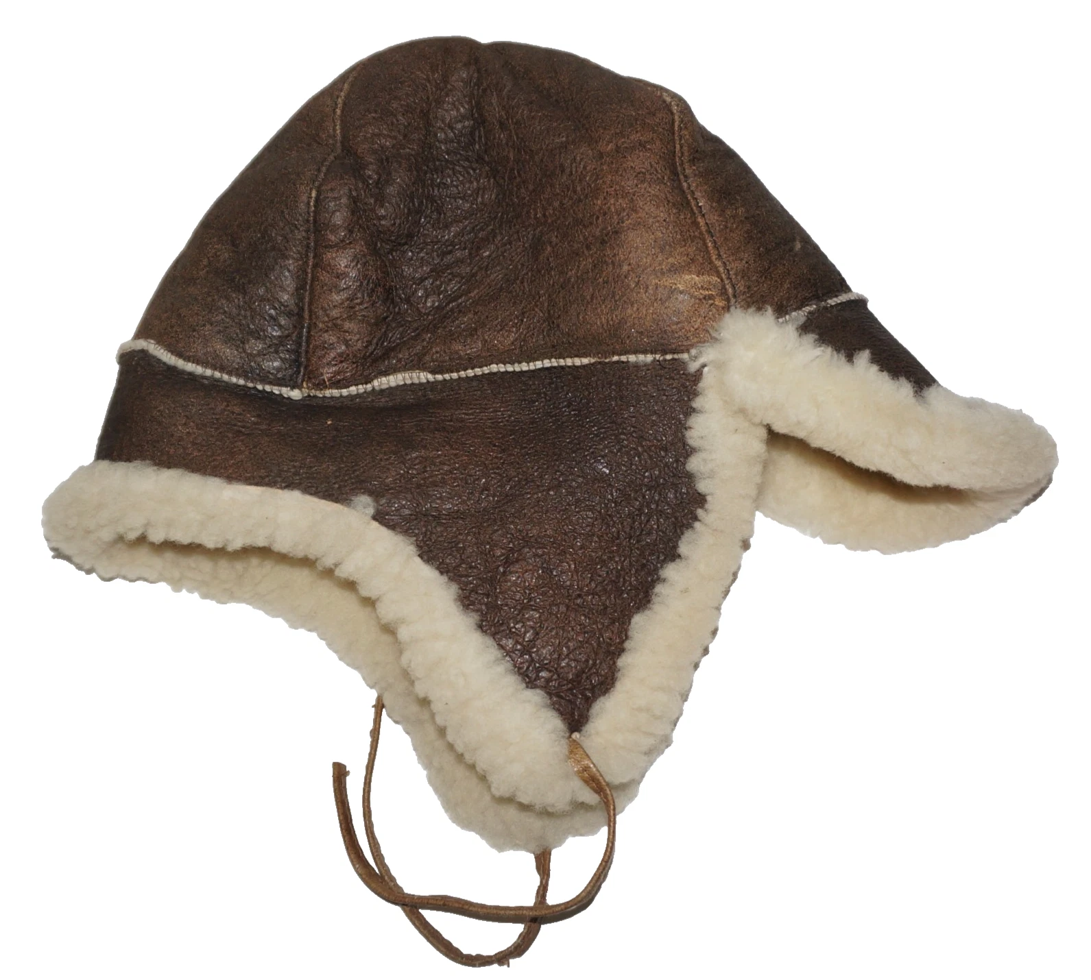 Vintage BIGHORN Brown & Ivory Genuine Sheepskin Leather Trapper Hat - LARGE