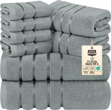 600 Gsm Ring Spun Towel Set, 8pc Soft Absorbent, Bath Hand Wash, Grey