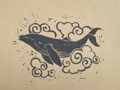 Sky whale Original Linocut Art Print  Handmade Expressionist