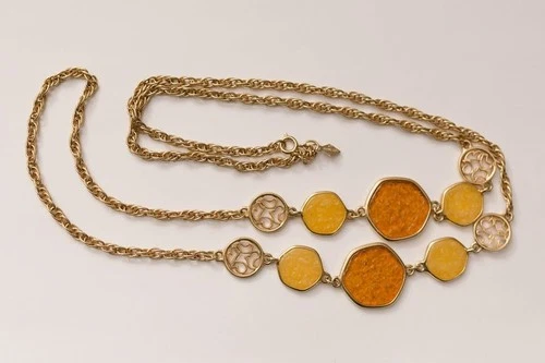 Vintage Signed Long Sarah Coventry Necklace Costume Jewelry Amber Colored Links