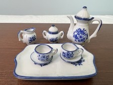 Vintage Andrea By Sadek Blue White Mini Tea Set Flower Tray Cup Saucer Dollhouse