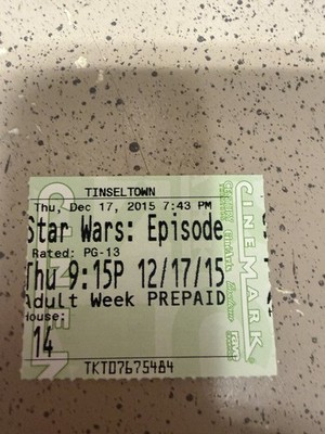 Star Wars: Episode VII The Force Awakens Movie Ticket 12/17/15-Tinseltown