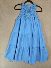 BTFBM Womens Large Turquoise Crochet Lace Tiered Sleeveless Tunic Dress Cottage