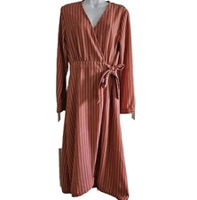 Time & Tru Dress S 4-6 Wrap Midi Mauve Pink  Stripe Tie Office Classic Recycled