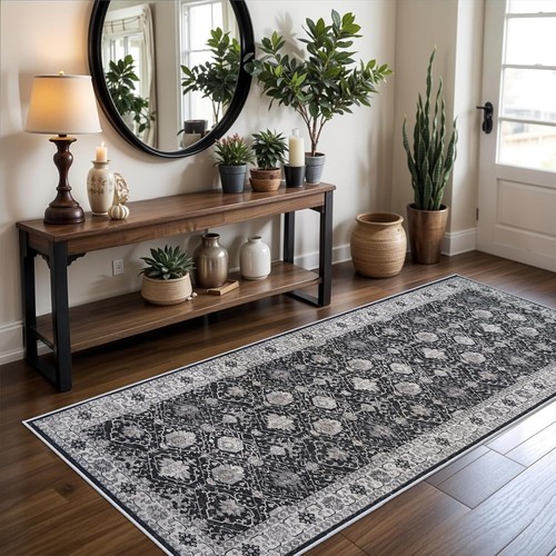 Elegante Alfombra Corredor Pasillo 3x6 Lavable Antideslizante - Diseño Floral Negro Clásico - Imagen 3 de 8