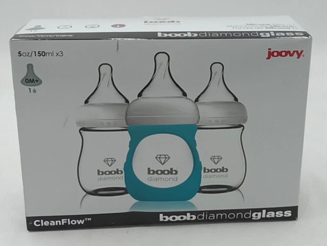 3 NEW Joovy CleanFlow Boob Diamond Glass Baby Bottles 5oz With Blue Sleeve
Opens in a new window or 