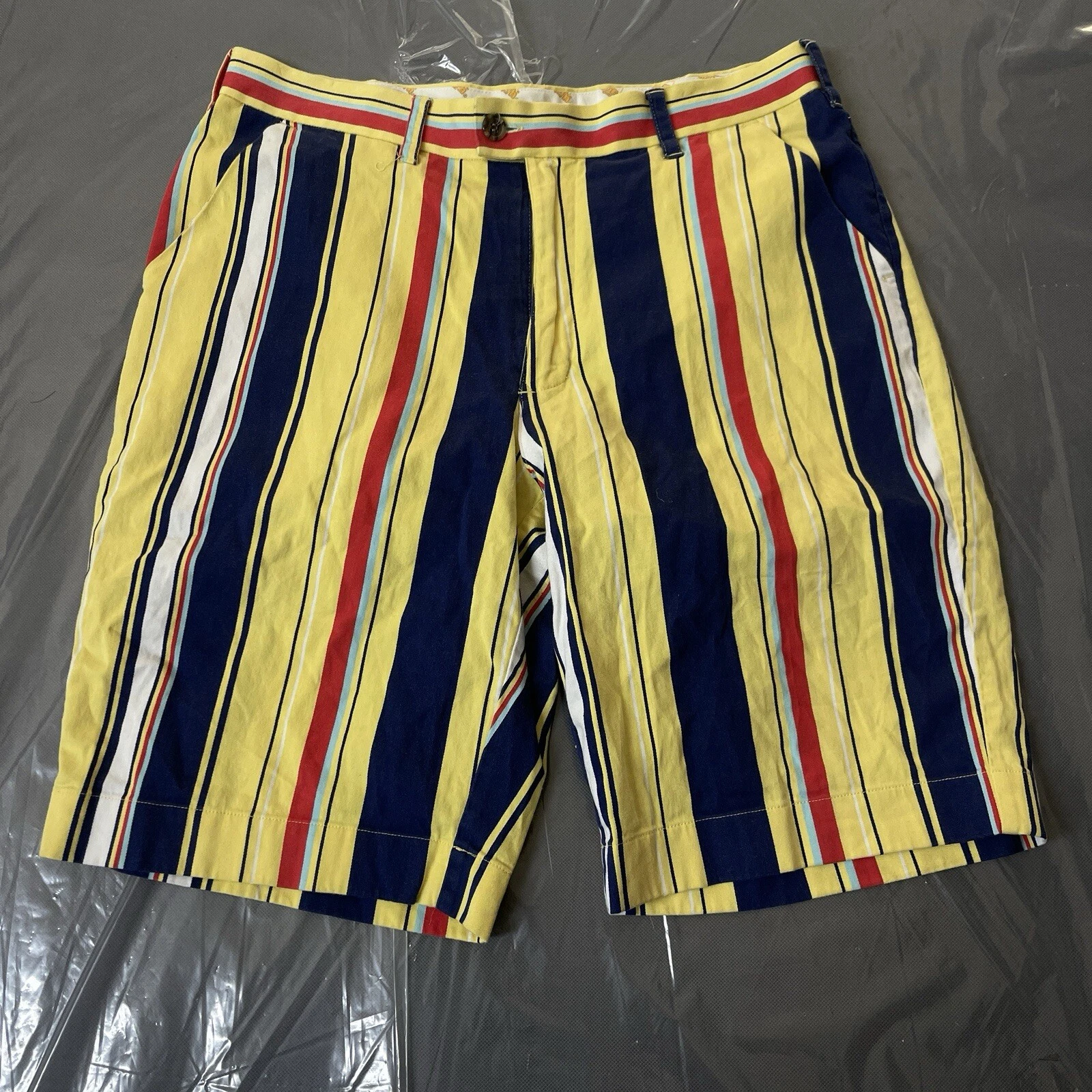 Loudmouth Golf Shorts Men's W-34 L-11 Yellow Blue Striped Cotton.