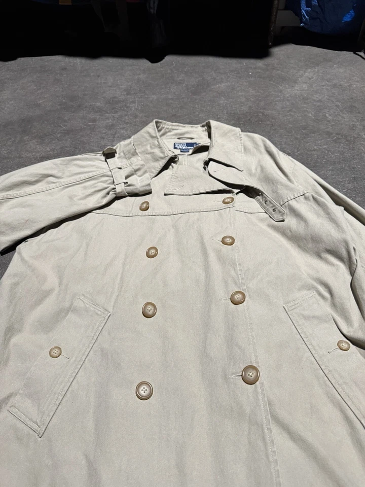 Abrigo de lluvia vintage Polo Ralph Lauren militar caqui trinchera cinturón largo de cuero Foto 3 de 4