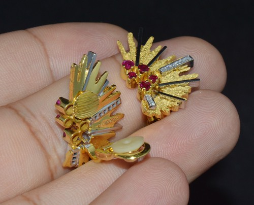 Certified Natural Diamond Ruby 18K Solid Gold Retro Fan Earclip Cluster Earrings - Picture 6 of 12