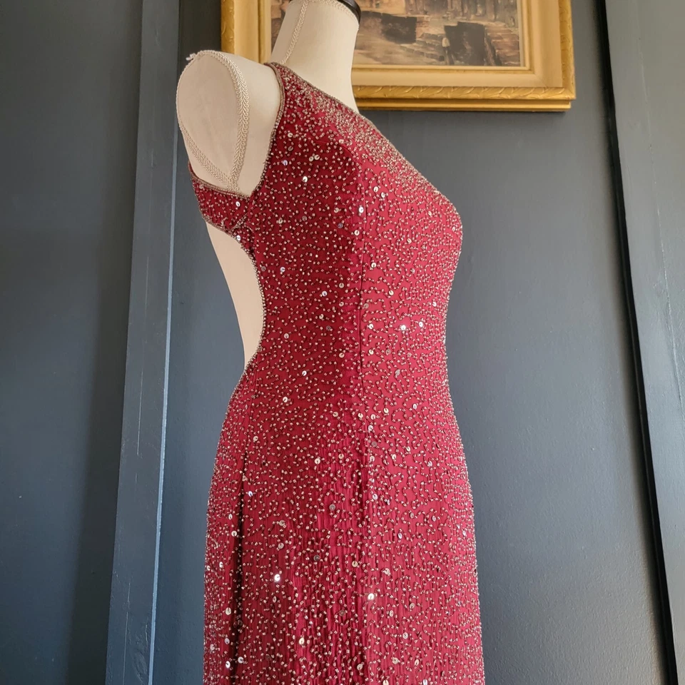 Vintage SCALA Ruby Red 100% Silk Beaded Formal Evening Ball Gown Dress Small - Image 4 of 4