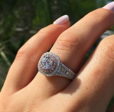 Engagement Ring 14K White Gold 2.85Ct Round Cut Halo Moissanite Two Tone Size 6.