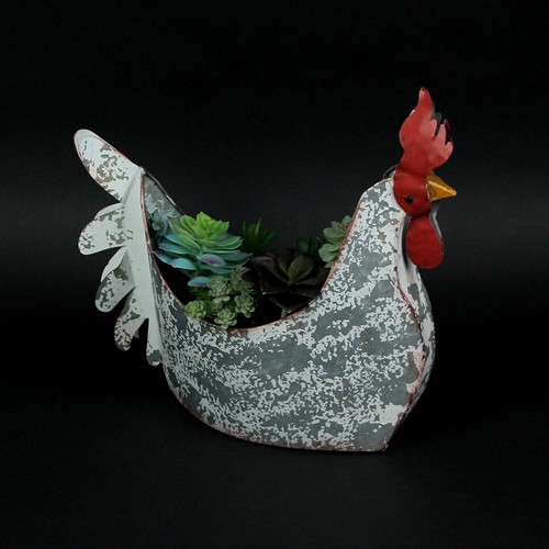 Rustic Metal Planter Cute Rooster Figure Farmhouse Kitchen Decor Christmas Gift - Picture 3 of 6