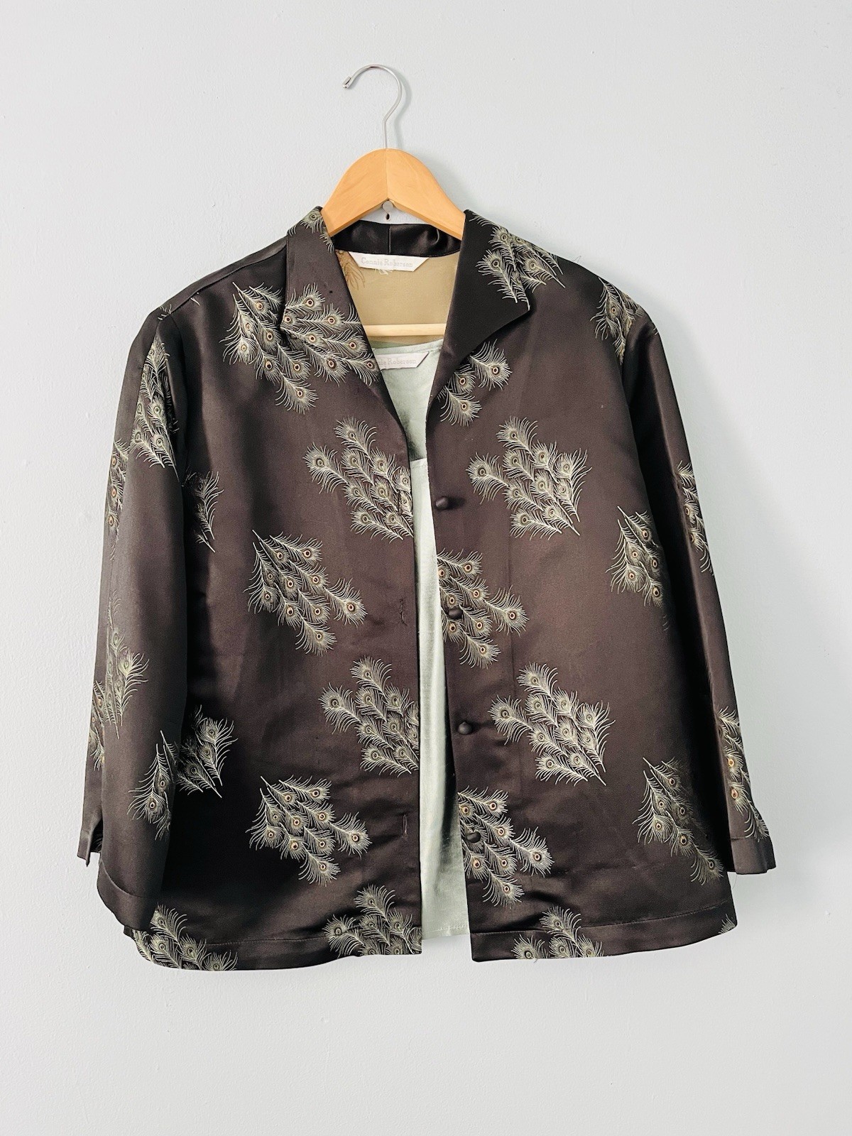 Womens Large Silk Jacquard Collar Floral Black Mandarin Jacket Top Tank Peacock