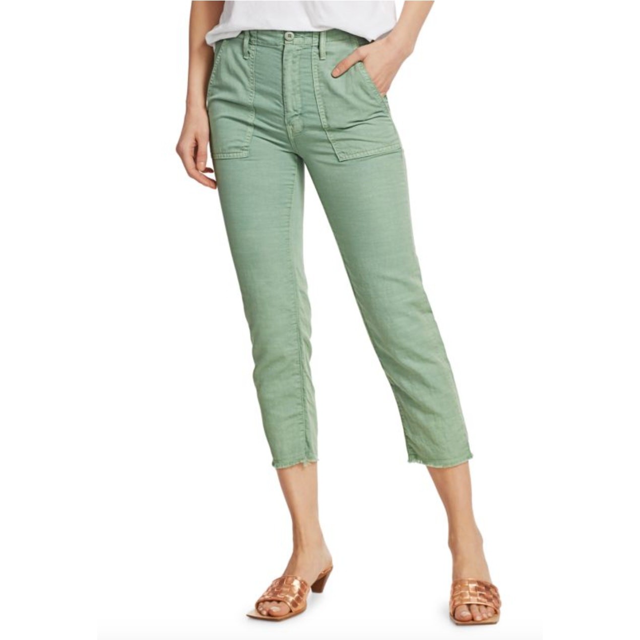 Women's Mother The Shaker High-Rise Chop Crop Linen-Blend Jeans in Hedge Green