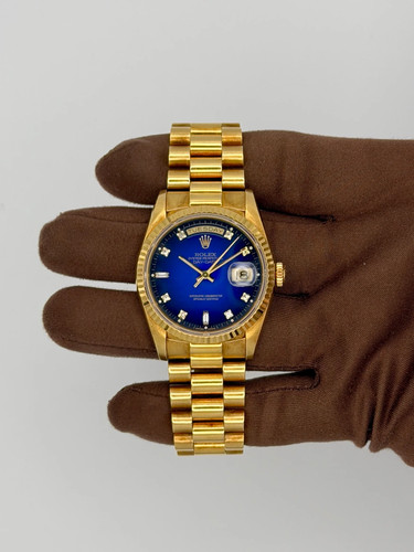 1990 Rolex Day Date 36 Blue Vignette Diamond Dial 36mm Yellow Gold 18238