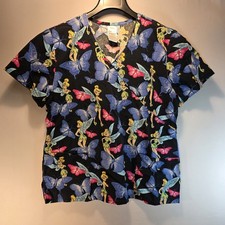 VTG Disney Tinker Bell Scrub Top Womens LG Butterfly Nurse Medical Uniform Shirt