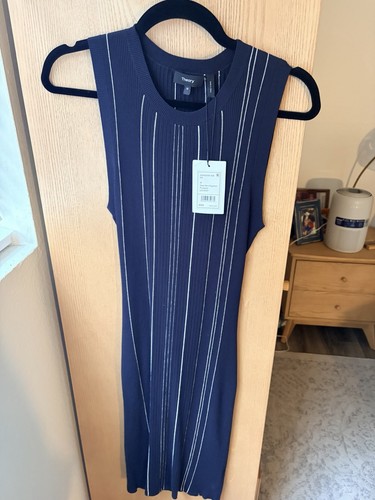 Theory Sheath Midi Dress M Navy/White Striped Rib Knit Sleeveless Stretch