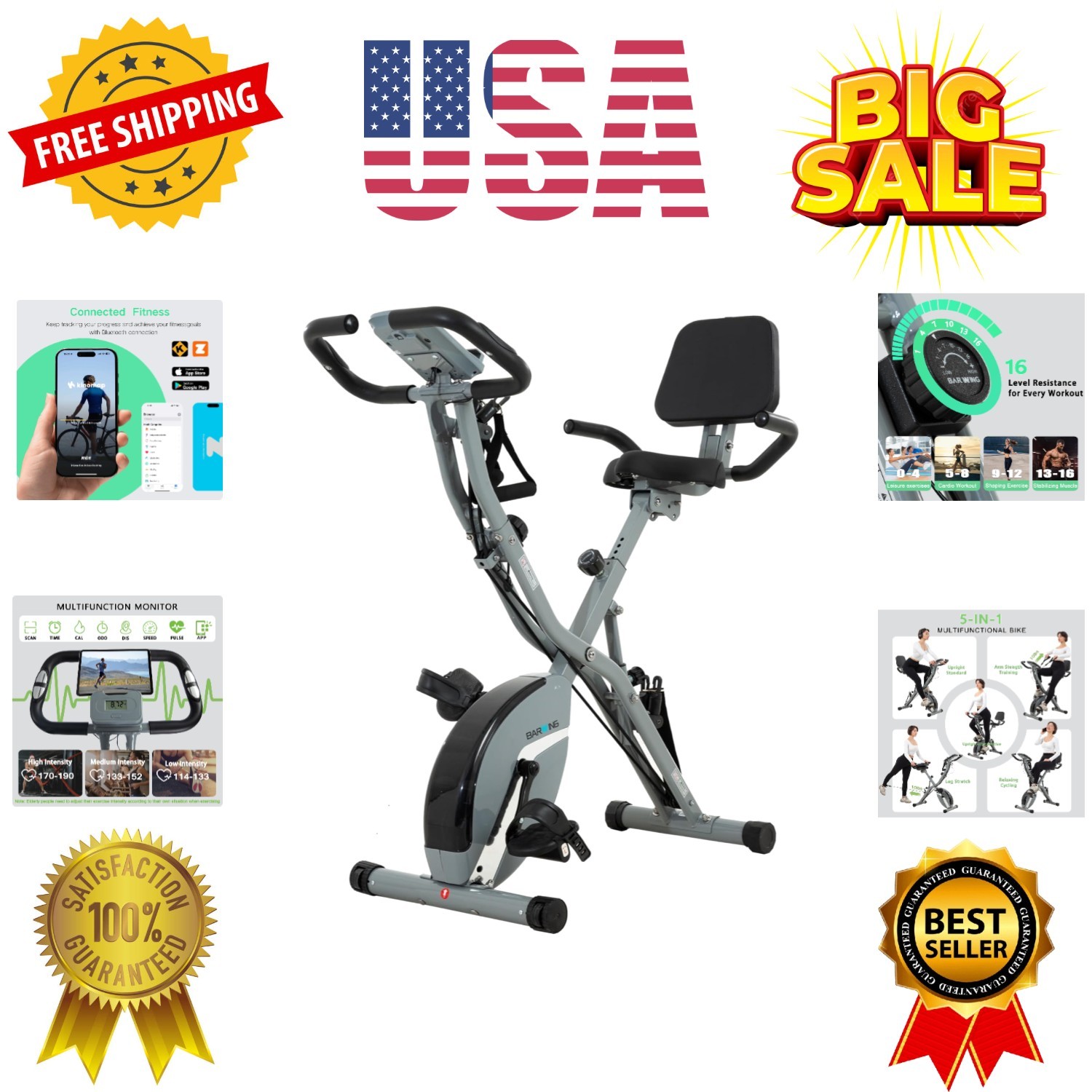 Stationary Exercise Bike for Home Workout, 5 IN 1 Foldable Indoor Cycling Bik...
