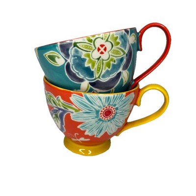 Anthropologie Bellina Blooms 2x Kaffeebecher Tasse orange blau Blumen handbemalt 