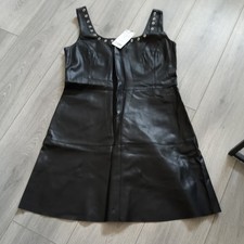 BNWT Mango Black Faux Leather Rivets Fit & Flare Moto Mini Dress Size Large 8