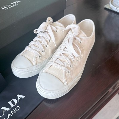 Prada 2EG434 Men's Wheel Cotton Gabardine Sneakers Ivory Low Top UK 10