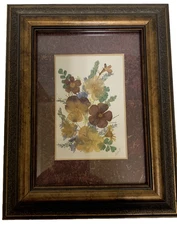 Pressed Flowers & Painted Framed & Matted 9.25x7.25” Signed Cottage Core