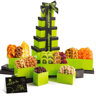 NUT CRAVINGS Dried Fruit Mixed Nuts Tower Gift Basket, 12 Assortments