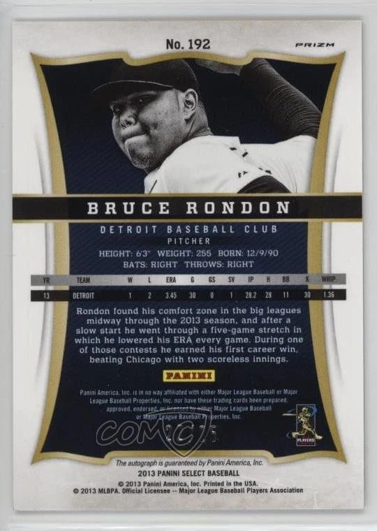 2013 Panini Select Rookie Auto Gold Prizm /25 Bruce Rondon #192 Rookie RC - Image 2 of 2