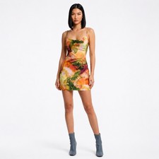 Nasty Gal Orange Mini Slip Dress Satin Size 6 Green Marble Summer Indie Sleaze