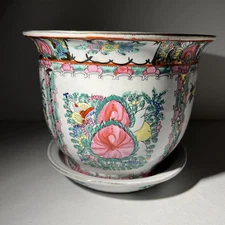 Chinese Porcelain Jardinière Planter with Matching Saucer – Rose Medallion Decor