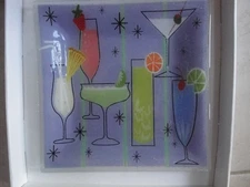 NOS HTF Peggy Karr 9 1/2''  Happy Hour Cocktails Fused Art Glass Square Plate  !