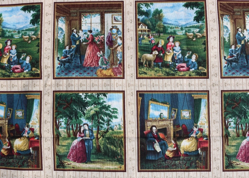 1 Yarda Currier & Ives Tela Acolchado Tesoros Siglo XIX Escenas Cuadrados Fuera de Stock Foto 2 de 4