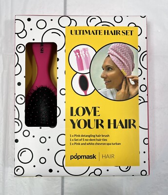 Popmask Ultimate 3 Piece Set, Detangling Hair Brush, Hair Ties, Spa Turban, NEW