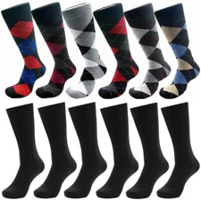 3-12 Pairs Mens Dress Socks Argyle Solid Black Mid Calf Casual Cotton Size 10-13
