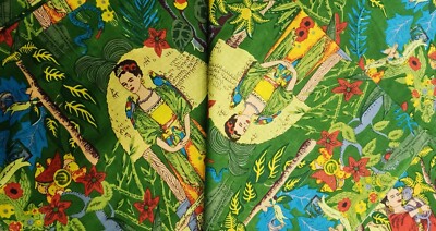 5 Yard Indian Handmade Dressmaking Dark Green Frida Kahlo Screen Printed Fabric
