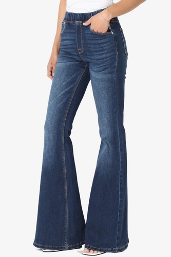 TheMogan Elastic Waist High Rise Full Length Stretch Denim Flare Leg Jeans - Picture 11 of 26