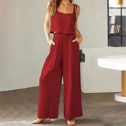 Chic Summer Square Neck Tank Top with Wide Leg Trousers Women's Outfit Set - Picture 8 of 43