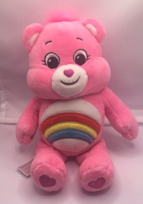 Care Bears CHEER Rainbow Pink Hearts 10in Bear Stuffed Plush EUC
