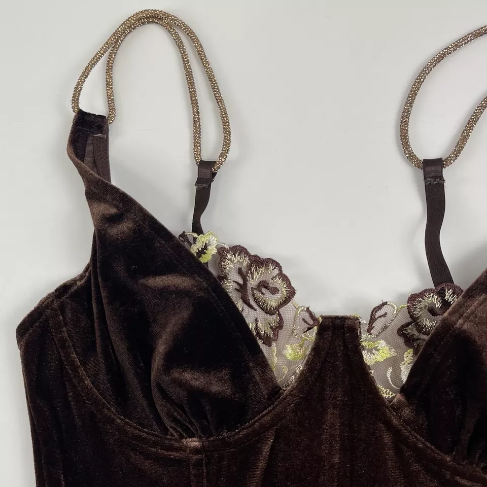 Sujetador Dreamgirl Espresso Top Mujer Mediano Marrón Terciopelo Encaje Estrás Nuevo con Etiquetas NUEVO Foto 4 de 4