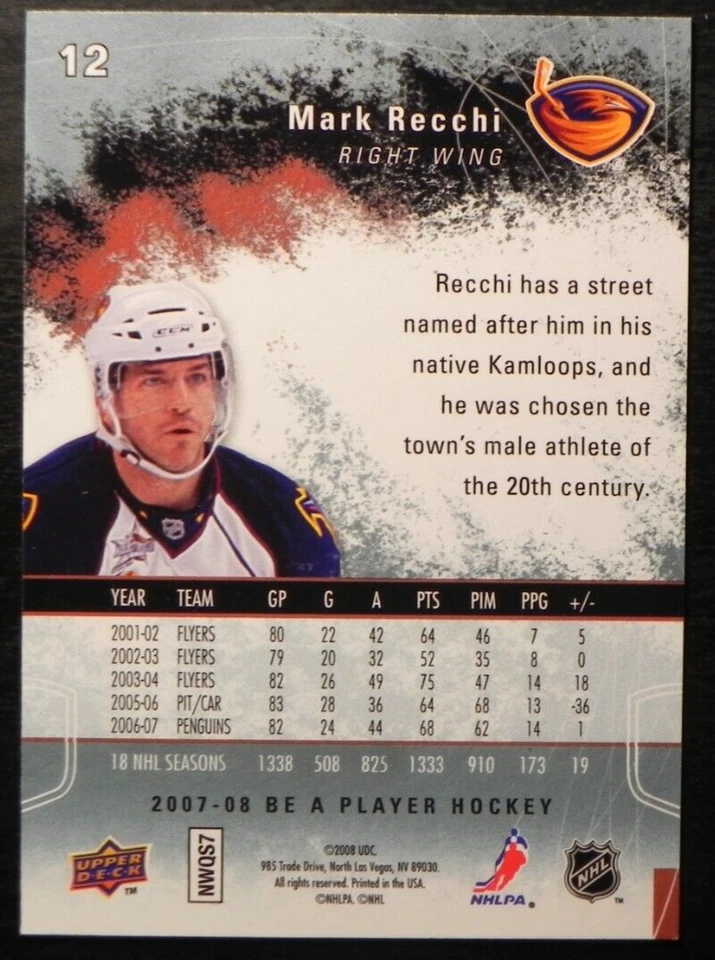 2007-08 07/08 Upper Deck Be a Player #12 Mark Recchi Atlanta Thrashers - Image 2 of 2