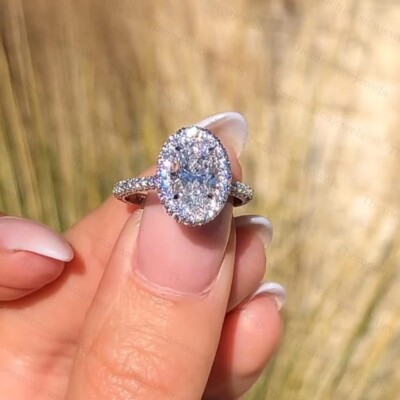 2.76TCW Oval Cut Moissanite Halo Engagement Wedding Ring 14k White Gold Plated