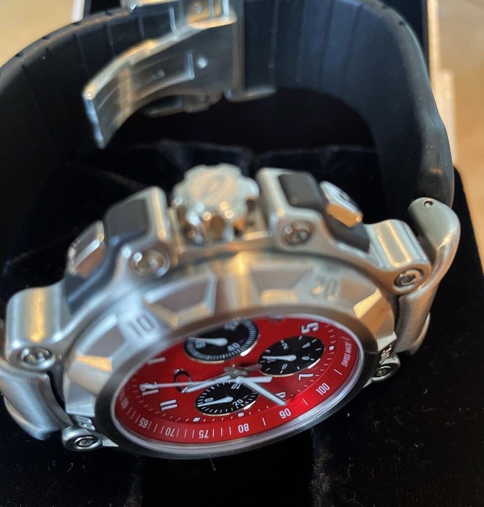 OAKLEY Crankcase Stainless Red dial Chronograph watch battery runs